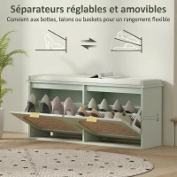 HOMCOM Banc à chaussures, banc de rangement, assise rembourrée, tiroirs rabattables, porte en rotin, 104 x 26 x 47,5 cm, vert(m-7)
