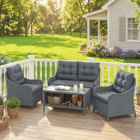 Outsunny 4-Piece Wicker Patio Furniture Set with 2 Armchairs, Loveseat, Glass Coffee Table, Conversation Sofa Set, Dark Grey(m-14)