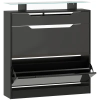 HOMCOM Shoe Storage Cabinet with Slide Out Drawer, 2 Flip Doors, Tempered Glass Top - Black(m-1)