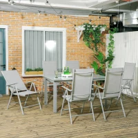 Outsunny 7 Piece Garden Dining Set, Outdoor Table and 6 Folding and Reclining Chairs, Aluminium Frame, Tempered Glass Top Table, Texteline Seats, Grey(m-2)