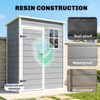 Outsunny 5' x 3' Plastic Garden Shed with Floor, Outdoor Storage Shed with Lockable Door, Window and Vent for Garden, Patio, Grey(m-4)