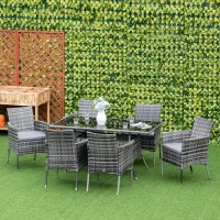 Outsunny Ensemble Salon de Jardin 6 Personnes - Grande Table rectangulaire, 6 fauteuils - 6 Coussins d'assise déhoussables Inclus - métal époxy Verre trempé 5 mm résine tressée Grise(m-10)