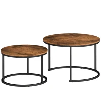 HOMCOM Coffee Table Set of 2, Round Nest of Tables with Metal Frame, Modern Side Tables for Living Room, Rustic Brown(m-1)