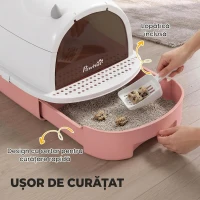 PawHut Litieră Închisă pentru Pisici cu Tavă Extractibilă, Lopățică și Filtru cu Carbon Activ, Roz(m-5)