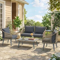 Outsunny 4 Piece Rattan Garden Furniture Set with Loveseat, Armchairs, Wood Table, Wicker Patio Conversation Set, Grey(m-14)