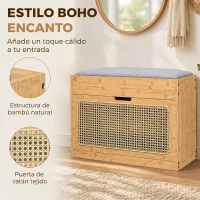 HOMCOM Banco Zapatero Recibidor con Asiento Acolchado Cajón Abatible Puerta de Ratán Estante Ajustable para Entrada Natural(m-4)