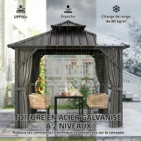 Outsunny Pavillon 3 x 3 m à toit rigide avec cadre en aluminium et toit double en acier galvanisé, gris foncé(m-4)