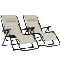 Outsunny Lot de 2 bain de soleil, chaise longue pliante inclinable avec appuie-tête en textilène, 90 x 65 x 112 cm, beige(m-1)
