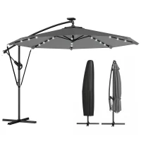 Outsunny Parasol Excéntrico con Luces LED Solares 330x295 cm Sombrilla con Base Cruzada Manivela Funda Protectora Gris Oscuro(m-11)