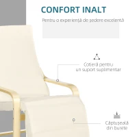 HOMCOM Fotoliu Relax cu Suport pentru Picioare Reglabil pe 5 Niveluri și Tetieră, Cadru din Lemn de Mesteacăn și Țesătură, 66,5x94x100 cm, Crem(m-5)