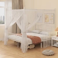 HOMCOM Canopy Bed Frame Double Size, Metal Platform Bed Frame with Headboard and Footboard, Underbed Storage, White(m-8)