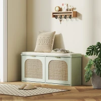 HOMCOM Banc à chaussures, banc de rangement, assise rembourrée, tiroirs rabattables, porte en rotin, 104 x 26 x 47,5 cm, vert(m-8)