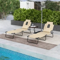 Outsunny Folding Sun Loungers Set of 2 with Face Hole, 4-Position Adjustable Backrest Garden Recliner Chairs Sunbeds, Outdoor Lounge Chairs with 500 D Oxford Cloth Seat, Pillow for Beach, Sand(m-10)