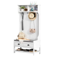 HOMCOM Perchero Zapatero con Banco 4 Ganchos 2 Compartimentos Abiertos 2 Cajones Extraíbles y Estante Inferior Moderno para Recibidor Entrada 89x42x172 cm Blanco(m-12)