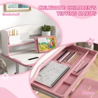 ZONEKIZ Height Adjustable Kids Study Table and Chair Set, with Drawer, Storage Shelf, 80 x 54.5 x 104 cm, Pink(m-5)