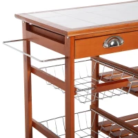 HOMCOM Rolling Kitchen Island Trolley Cart Drawer Shelves Basket Wheels W/  6 Bottle Wine Rack, Honey Colour(m-8)