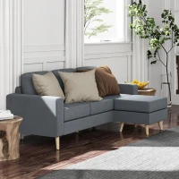 HOMCOM 3 Seater Sofa with Footstool, Fabric L-Shaped Sofa, Sectional Couch with Wood Legs, Tufting Cushioned Back for Small Space, Living Room, Office, Dark Grey(m-10)