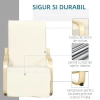 HOMCOM Fotoliu Relax cu Suport pentru Picioare Reglabil pe 5 Niveluri și Tetieră, Cadru din Lemn de Mesteacăn și Țesătură, 66,5x94x100 cm, Crem(m-6)