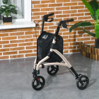 HOMCOM 3 Wheel Rollator, Lightweight Aluminium Tri Walker with Adjustable Handle, Storage Bag and Dual Brakes, Folding Mobility Walking Aid for Elderly, Handicapped, 5.3kg, Gold Tone(m-10)