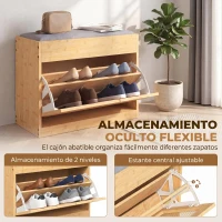 HOMCOM Banco Zapatero Recibidor con Asiento Acolchado Cajón Abatible Puerta de Ratán Estante Ajustable para Entrada Natural(m-5)