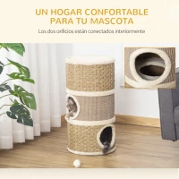 PawHut Tonel Rascador para Gatos con 3 Niveles Barril de Rascado con Plataforma Cama Cómoda Ø37,5x70 cm Caqui y Café(m-4)