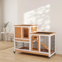 PawHut Clapier Lapin Intérieur sur Roulettes 2 Niveaux, Enclos, Rampe, 2 Portes Verrouillables, 2 Plateaux, 110x50x88cm, Jaune(m-2)