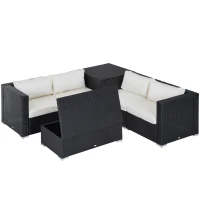 Outsunny 6 Pieces Rattan Garden Furniture Set, 4 Seater Wicker Garden Corner Sofa Set with 2 Storage Tables and Loveseats, Outdoor Conversation Furniture with Cushions for Conservatory, Patio, Black(m-10)