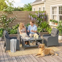 Outsunny 4-Piece Wicker Patio Furniture Set with 2 Armchairs, Loveseat, Glass Coffee Table, Conversation Sofa Set, Dark Grey(m-8)