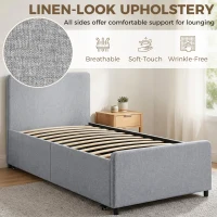 HOMCOM 3ft Single Bed Frame with Trundle, Upholstered Pull Out Trundle Bed with Headboard and Footboard, Light Grey(m-5)