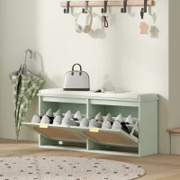 HOMCOM Banc à chaussures, banc de rangement, assise rembourrée, tiroirs rabattables, porte en rotin, 104 x 26 x 47,5 cm, vert(m-11)