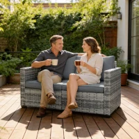 Outsunny 2 Seater Rattan Sofa, Outdoor Garden Sofa with Deep Seat, Cushions, Wide Armrests for Patio, Balcony, Porch, Mixed Grey(m-10)