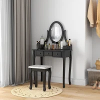 HOMCOM Tocador de Maquillaje con Espejo Giratorio, Tocador con Taburete, 5 Cajones, Patas de Madera, Asiento Acolchado, para Dormitorio, Negro(m-6)
