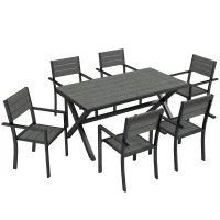 Outsunny Ensemble de Salle à Manger Extérieur 7 Pièces pour 6 Personnes, Table et Chaises Empilables avec Lattes Effet Bois, Cadre en Aluminium, Gris(m-1)