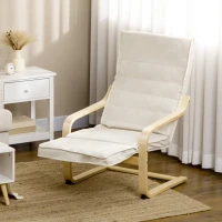HOMCOM Fotoliu Relax cu Suport pentru Picioare Reglabil pe 5 Niveluri și Tetieră, Cadru din Lemn de Mesteacăn și Țesătură, 66,5x94x100 cm, Crem(m-7)