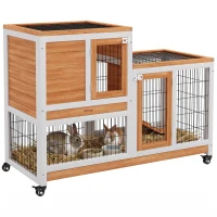 PawHut Cușcă pentru Iepuri din Lemn de Brad cu Roți, Tăvi Detașabile și Căsuță cu Rampă, 110x50x88 cm, Gri și Alb(m-12)