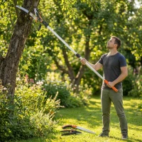 Outsunny Fierăstrău și Foarfecă cu Tijă Telescopică 135-199 cm din Aluminiu, pentru Ramuri Înalte, Portocaliu(m-2)