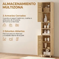 HOMCOM Armario Alto para Baño con Estantes Ajustables Puertas de Lamas Apertura por Presión 34x23x170 cm Natural(m-5)
