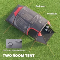 Outsunny 2 Man Tunnel Tent with Sewn-in Groundsheet, Air Vents, Rainfly, 2000mm Large Camping Tent with Bedroom, Porch, Living Area for Camping, Hiking, 426L x 206W x 154H cm, Dark Grey(m-4)