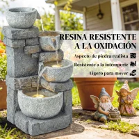 Outsunny Fuente de Jardín con Iluminación LED Bomba Fuente Decorativa en Cascada de 4 Niveles Flujo Ajustable Gris(m-8)