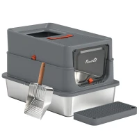 PawHut Stainless Steel Cat Litter Tray with Lid, XL 90L Enclosed Cat Litter Box with Step, Scoop, High Side, Dark Grey(m-15)