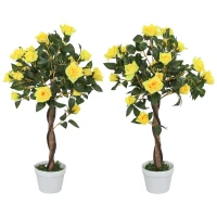 Outsunny Set of 2 Artificial Plants White Rose Floral in Pot, Fake Plants for Home Indoor Decor, 90cm, Yellow(m-1)