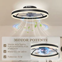 HOMCOM Ventilador de Techo con Luz LED 6 Velocidades Motor Reversible y Control Remoto Potencia 45W Ø50x13,5 cm Negro(m-6)