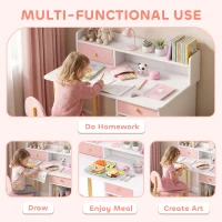 AIYAPLAY 2 Pieces Children Study Table with Hutch, Kids Desk and Chair Set with Storage, Drawer, Shelves, Pink(m-4)