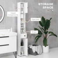 kleankin 180cm Tall Bathroom Cabinet, Slim Bathroom Storage Cabinet with 4 Open Shelves, 2 Door Cupboards and Adjustable Shelves, White(m-4)