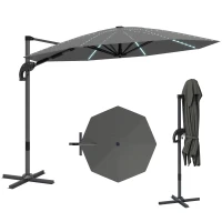 Outsunny Alu Ampelschirm LED Solar Ø300 cm höhenverstellbar Sonnenschirm mit Kurbel Ständer UV50+ Dunkelgrau(m-12)