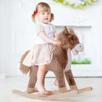 HOMCOM Kids Children Plush Rocking Horse Wooden Base Ride On Toy Rocker with Handle Grip Traditional Toy Fun Gift for Age 3+ (Brown & White)(m-2)