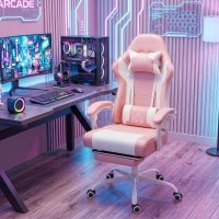 HOMCOM Silla Gamer con Lumbar Masaje Vibración Reclinable 155° Altura Ajustable Reposacabezas y Reposapiés Retráctil Rosa(m-10)