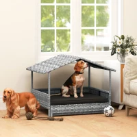 PawHut Extendable Elevated Dog Bed, Rattan Dog House, with Water-Resistant Roof, Removable Cushion, Charcoal Grey(m-10)