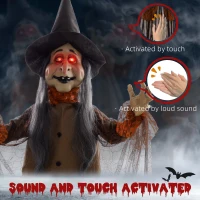 HOMCOM 183 cm Life Size Halloween Animated Standing Fat-Faced Witch with Red Light Up Eyes, Sound Activated Moving Arms & Head, Scary Witch Halloween Decorations, Battery Operated, Indoor Party Props(m-6)