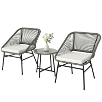 Outsunny 3-teiliges Outdoor-Möbelset, 1 Tisch, 2 Stühle, Rattan-Geflecht, Stahlrahmen, Kaffeetisch mit Glasplatte, Dunkelgrau(m-11)